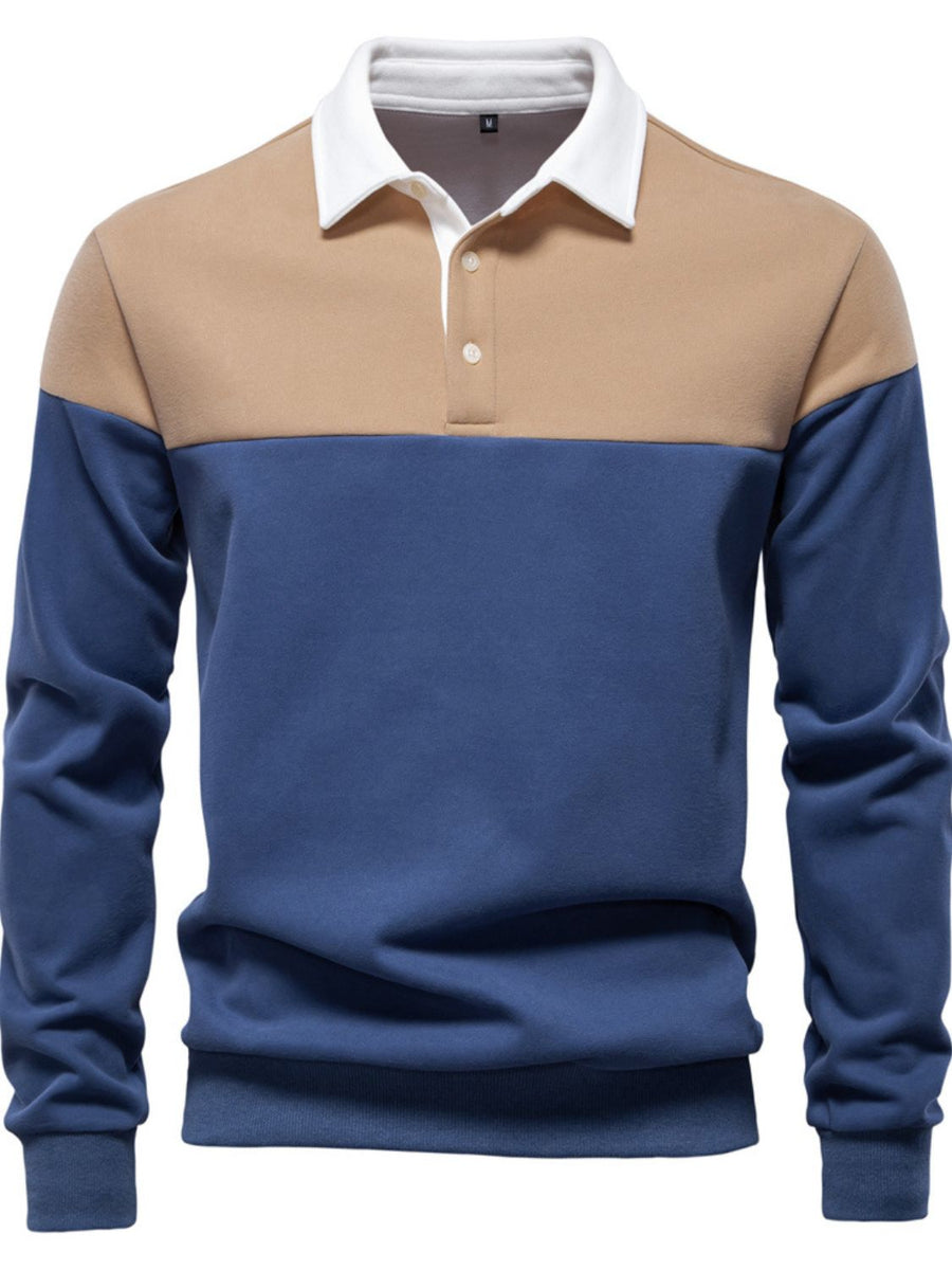 Men's Collared Neck Contrast Long Sleeve Polo - Opulent Empire