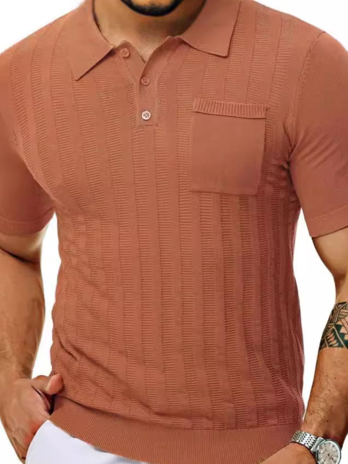 Julian — Men's Full Size Textured Short Sleeve Polo Plus Size Men's Tailored Shorts, alternate view 3