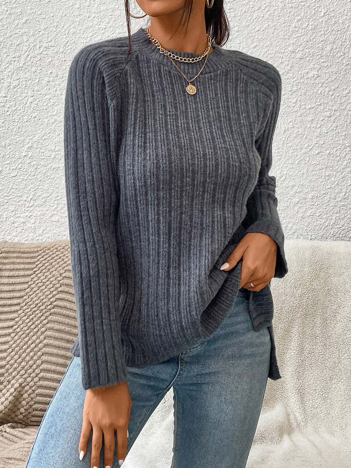 Blaise Delacroix — Round Neck Ribbed Raglan Sleeve Sweater, alternate view 2