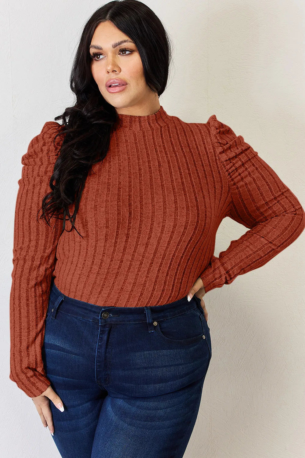 Ciel Delacroix — Basic Bae Full Size Ribbed Mock Neck Puff Sleeve T-Shirt, alternate view 5