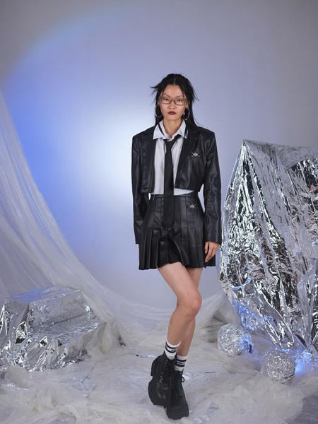 College Style Black Vegan Faux Leather Cropped Jacket-4