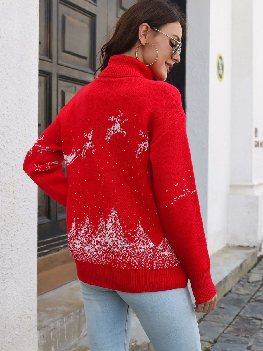 Reindeer & Snow Pattern Turtle Neck Pullover Sweater