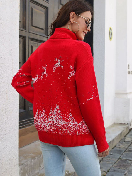 Reindeer & Snow Pattern Turtle Neck Pullover Sweater