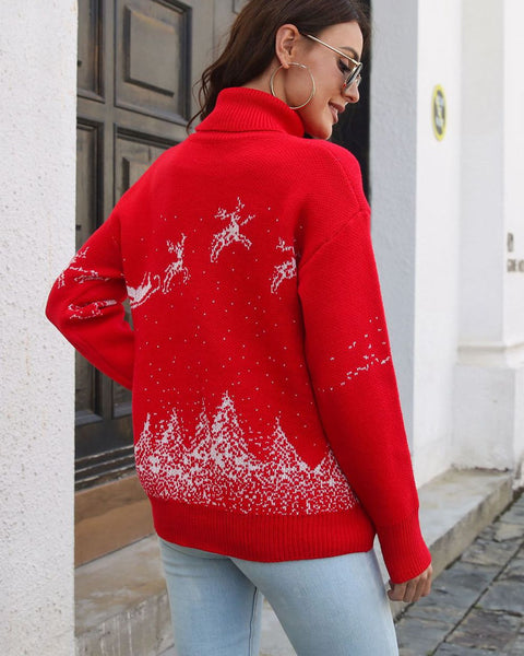 Reindeer & Snow Pattern Turtle Neck Pullover Sweater