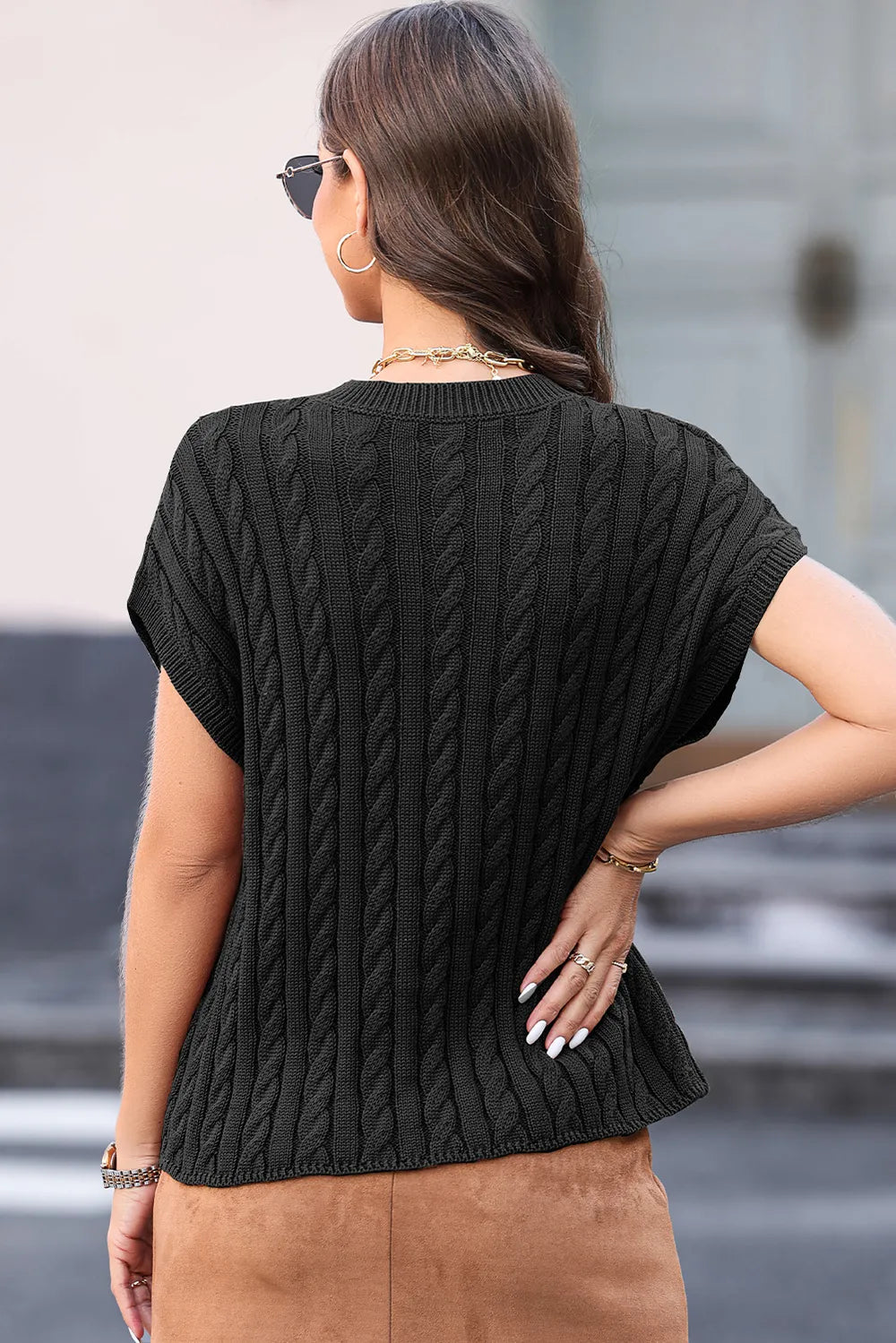 Quinn Rousseau — Cable-Knit Round Neck Cap Sleeve Sweater, alternate view 2