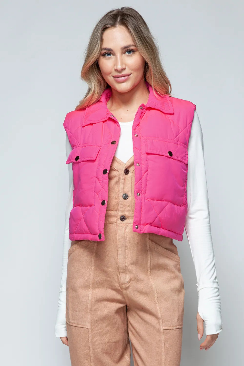 Perrin Rosetti — Snobbish Snap Down Quilted Crop Vest Hot Pink Coat or Jacket, alternate view 6