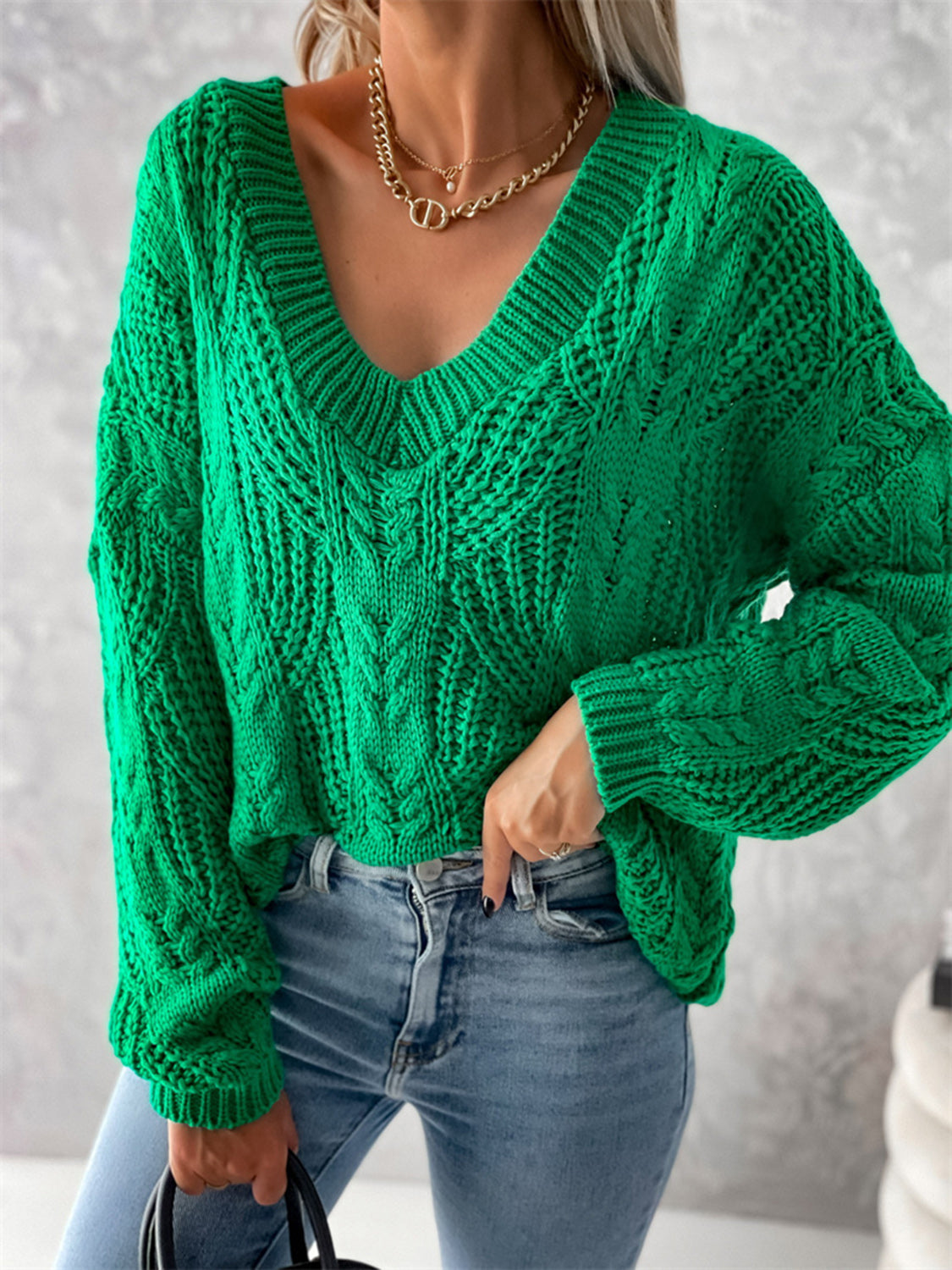Paris Rousseau — V-Neck Cable-Knit Long Sleeve Sweater, alternate view 10