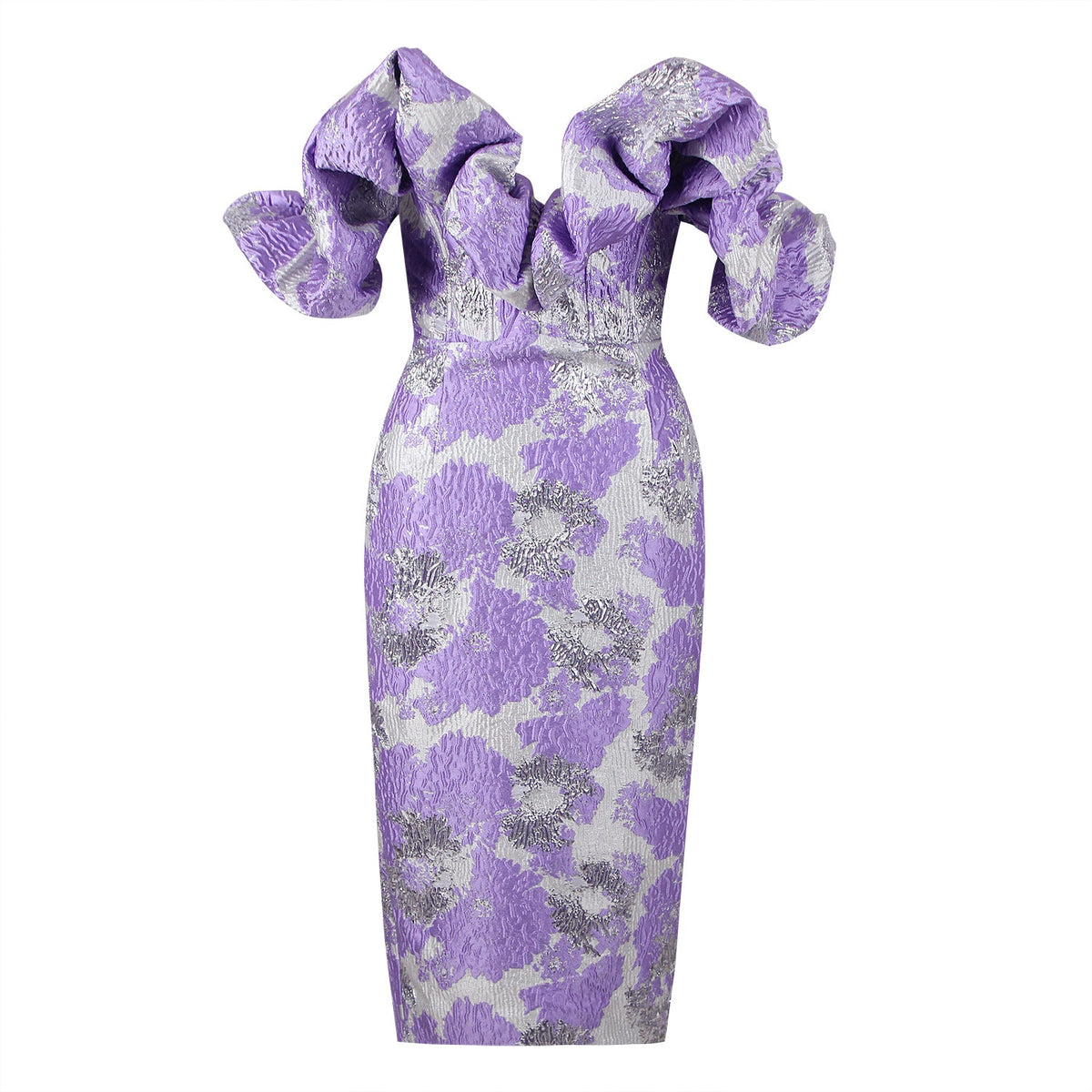 Off-shoulder long dress with pleats and a fitted style to accentuate your figure
