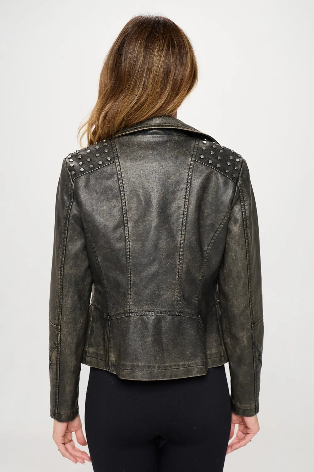 Quinn Saint-Clair — Coalition LA Studded Classic Moto Faux Leather Jacket, alternate view 2