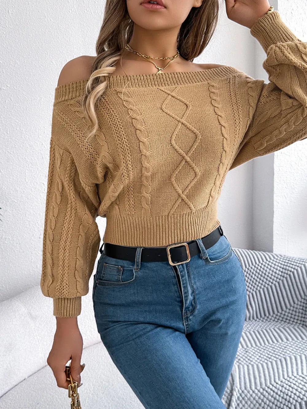 Perrin Fontaine — Cable Knit Off-Shoulder Long Sleeve Sweater, alternate view 6