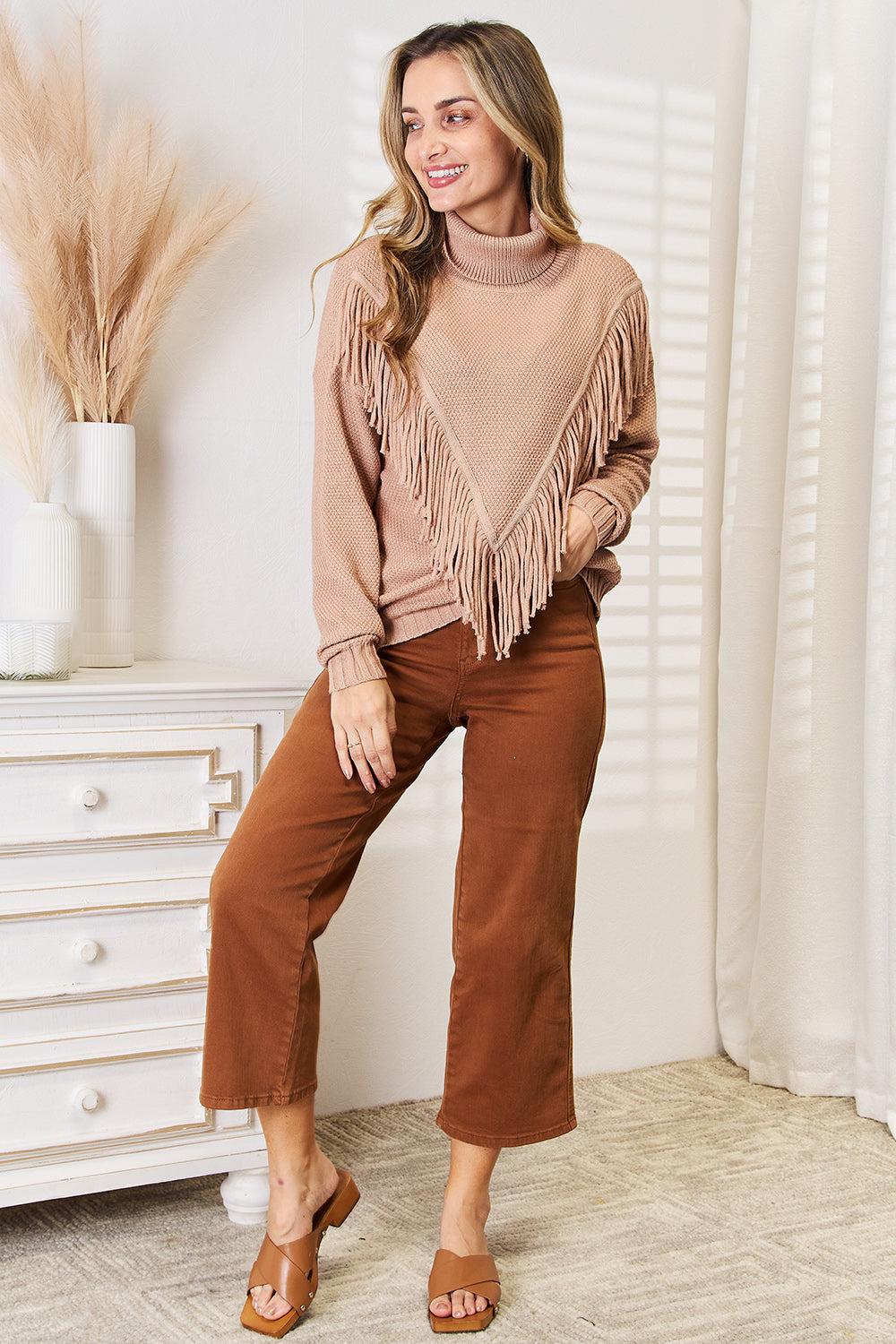 Cove Fontaine — Woven Right Turtleneck Fringe Front Long Sleeve Sweater, alternate view 4