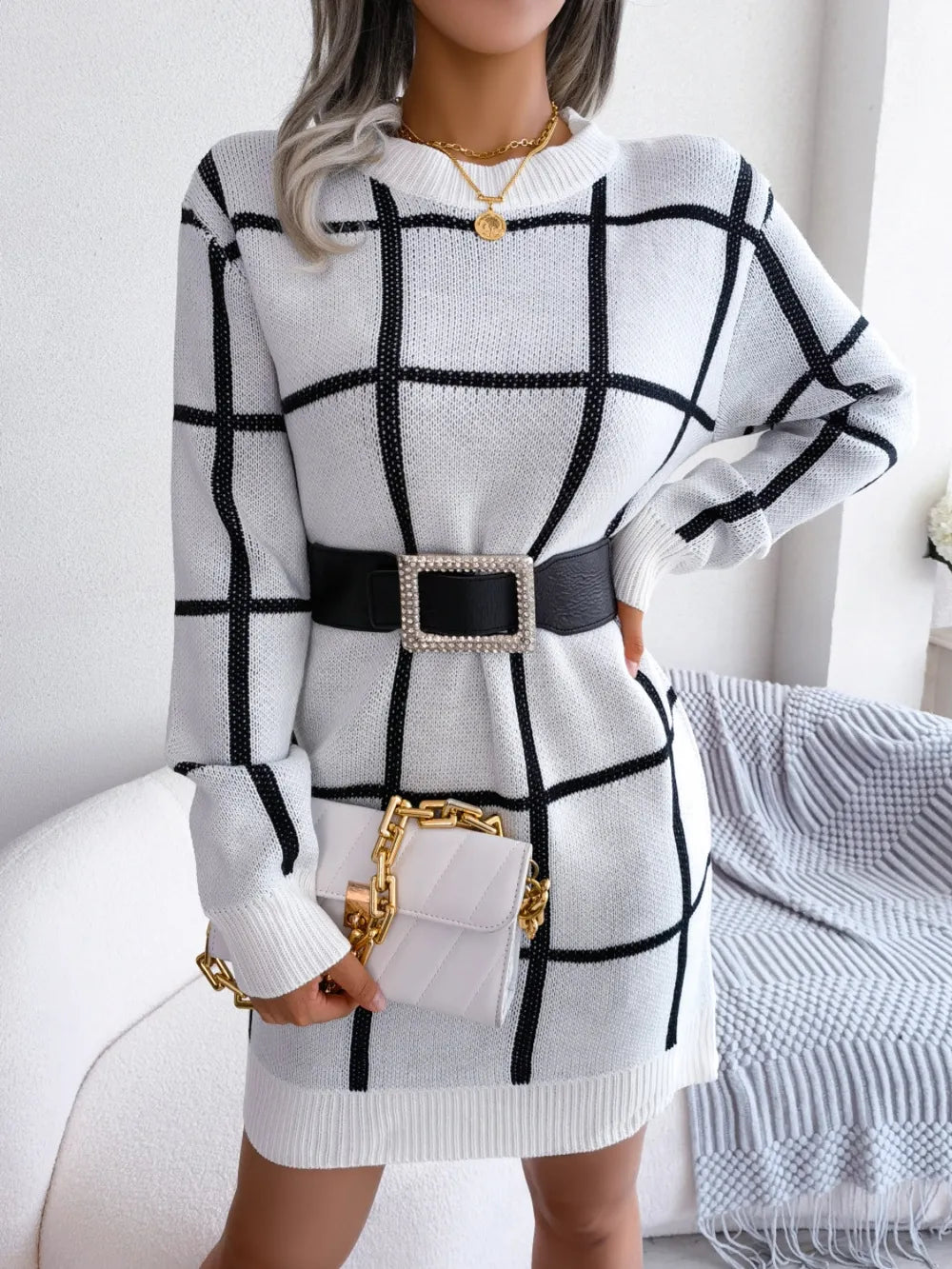 Lior Bellamy — Plaid Round Neck Dropped Shoulder Sweater Dress, alternate view 5