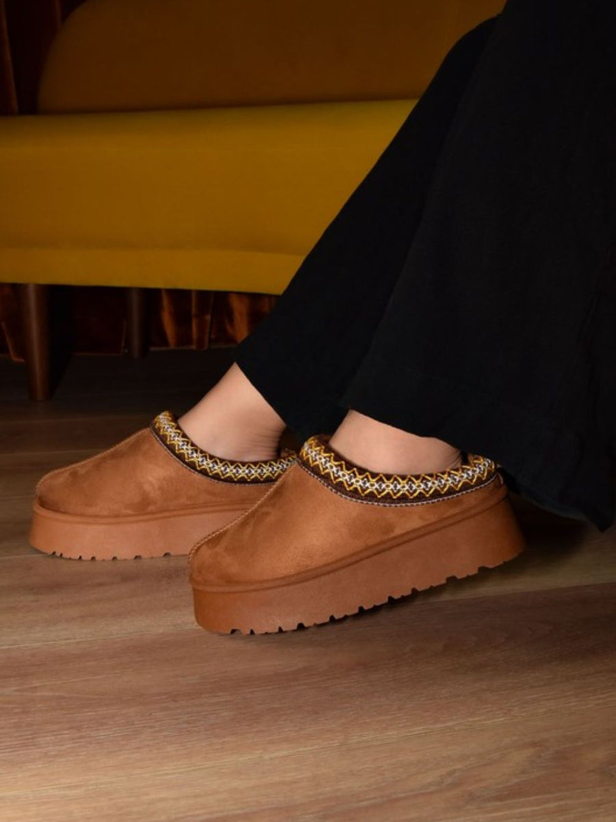 WILD DIVA Embroidered Trim Round Toe Platform Boots - Opulent Empire