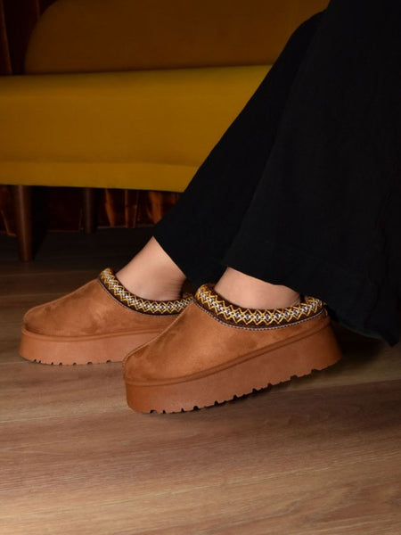 WILD DIVA Embroidered Trim Round Toe Platform Boots - Opulent Empire