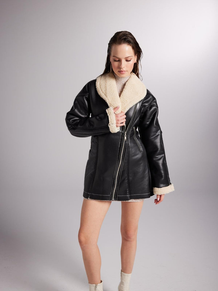 Monero Black Vegan Faux Leather Coat with Fur Lining