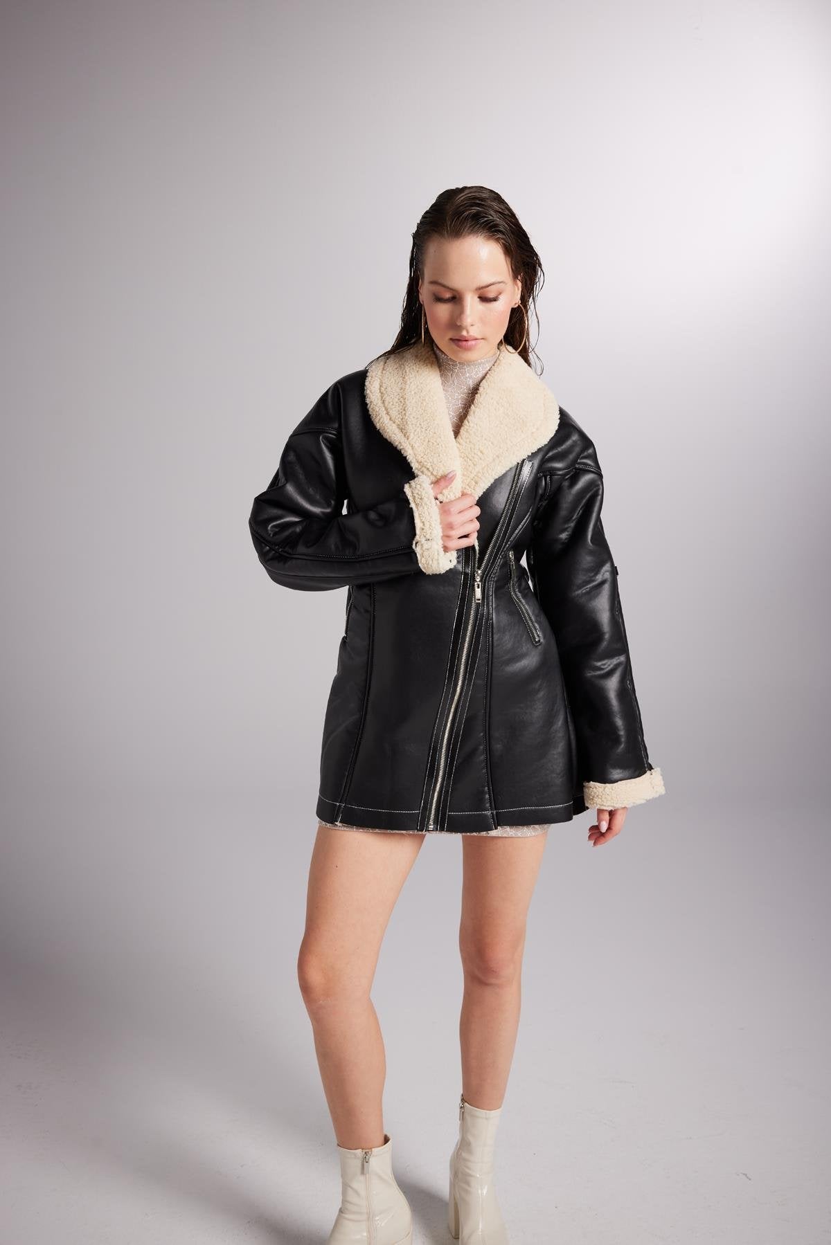 Monero — Black Vegan Faux Leather Coat with Fur Lining, alternate view 3