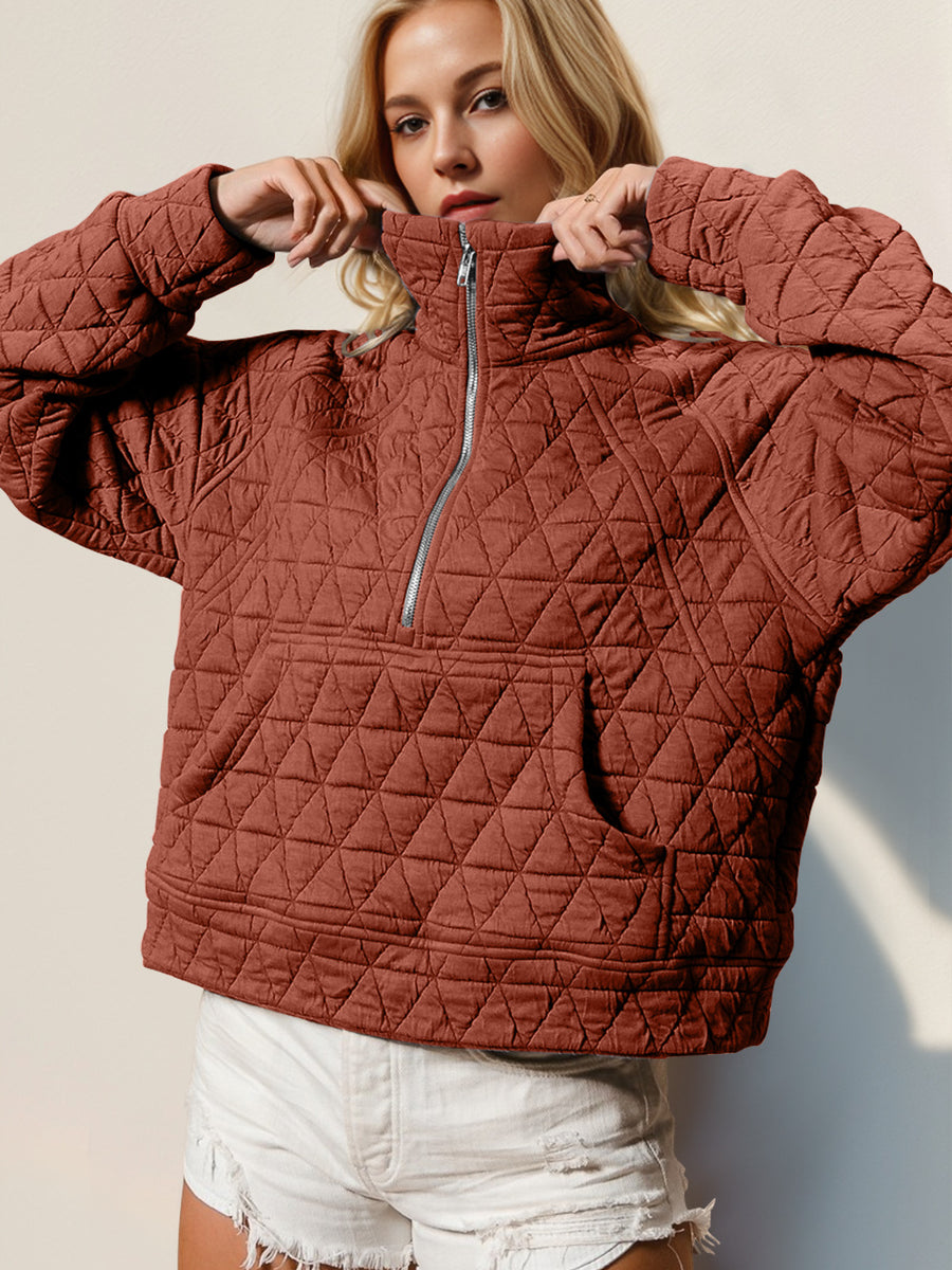 Double Take Half Zip Long Sleeve Quilted Sweatshirt with Pocket