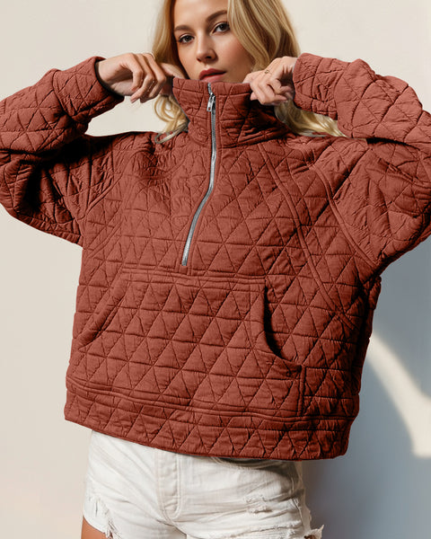 Double Take Half Zip Long Sleeve Quilted Sweatshirt with Pocket