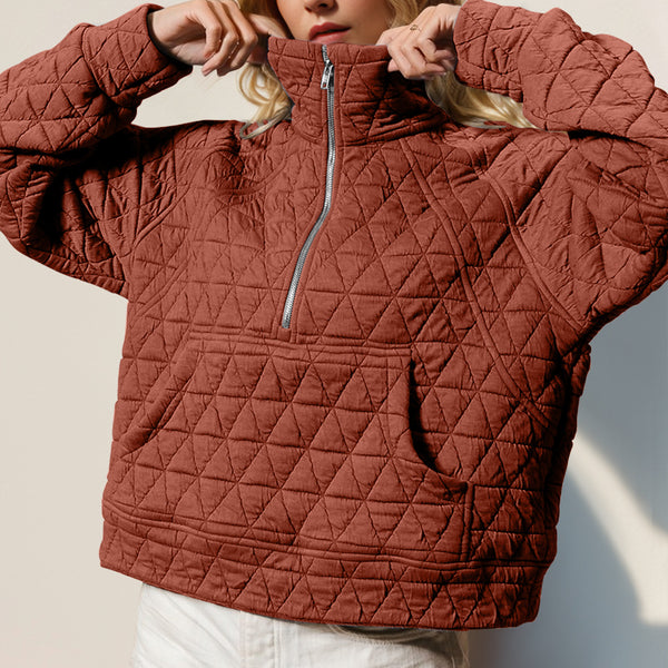 Double Take Half Zip Long Sleeve Quilted Sweatshirt with Pocket