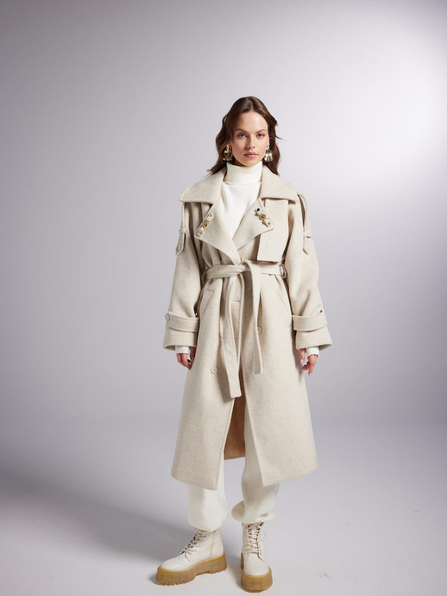 Accessorized Wool Blended Cashmere Maxi Woody Ecru Coat-3