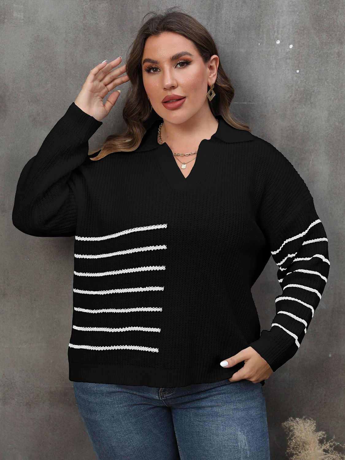 Quinn Moreau — Plus Size Striped V-Neck Sweater, alternate view 5