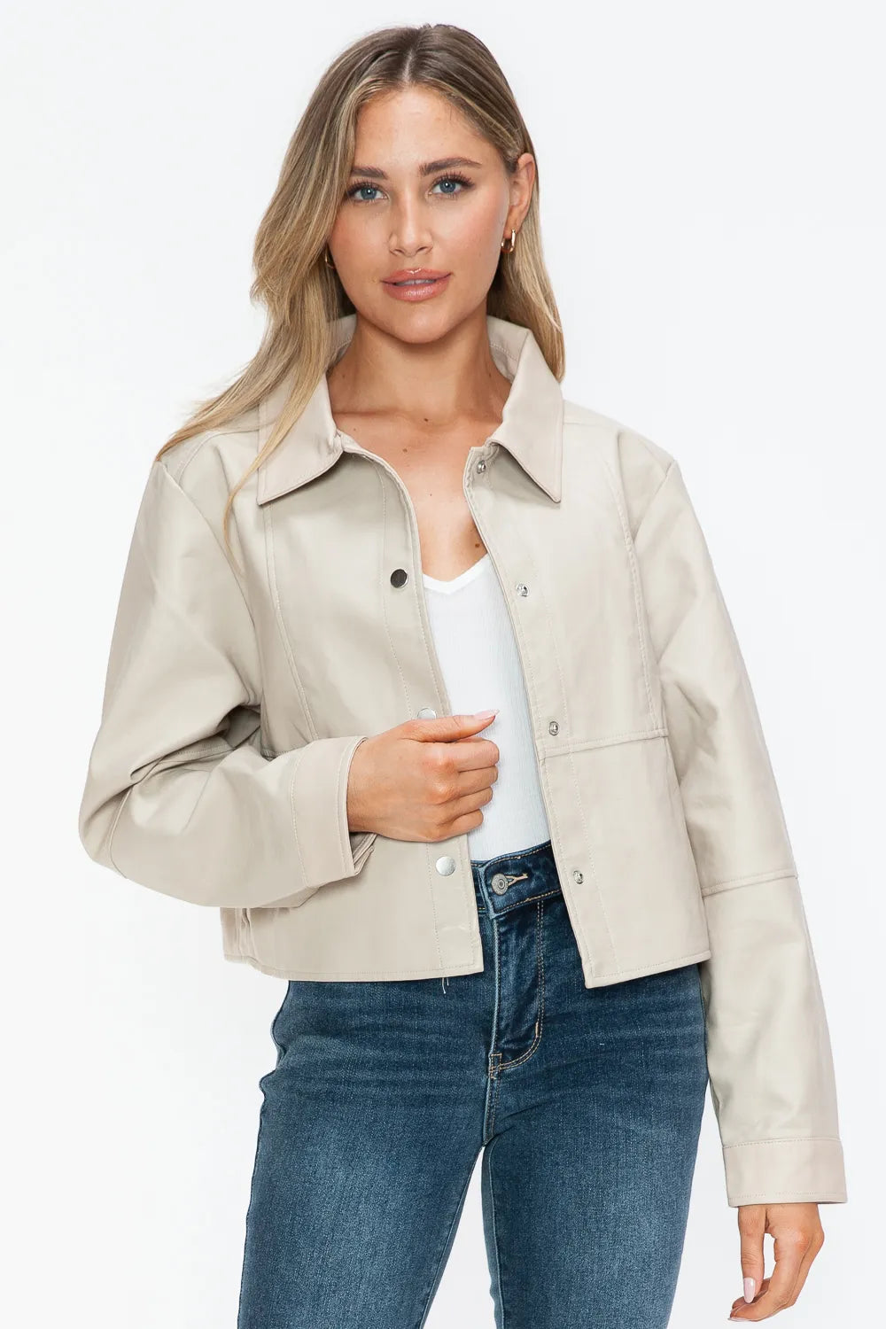 Ellis Rosetti — Snobbish Snap Down Long Sleeve PU Leather Jacket, alternate view 5