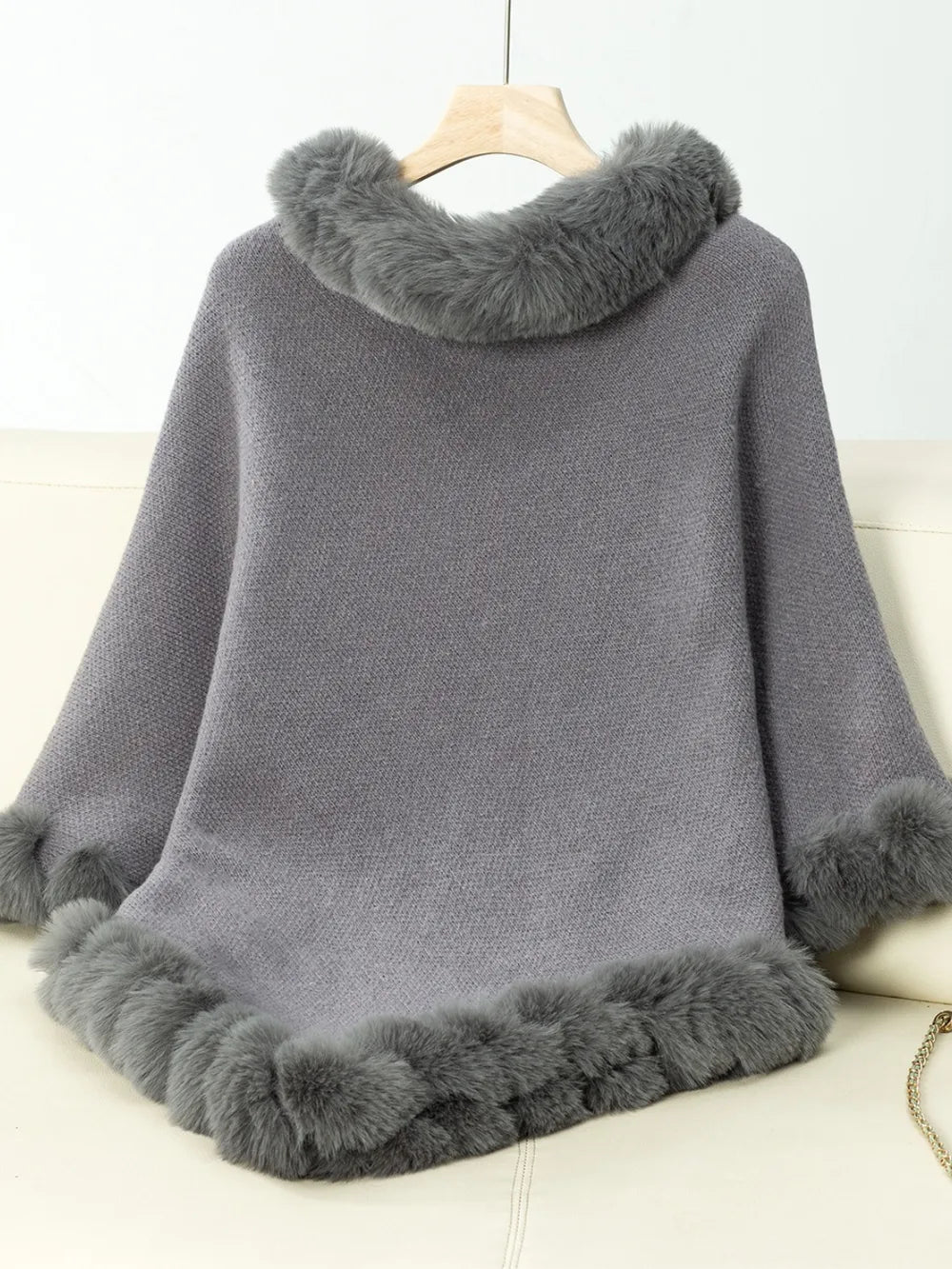 Reese Versailles — Fuzzy Trim Texture Three-Quarter Sleeve Poncho, alternate view 11