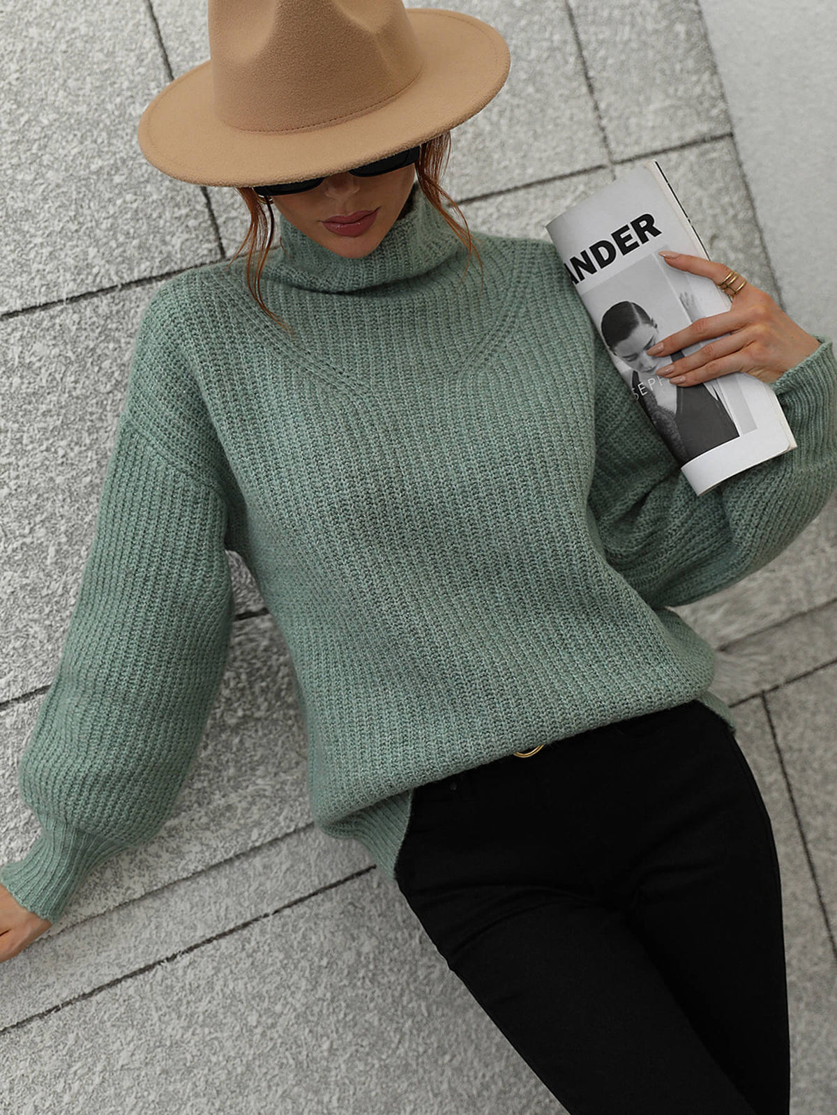 Perrin Moreau — Woven Right High Neck Balloon Sleeve Rib-Knit Pullover Sweater, alternate view 19