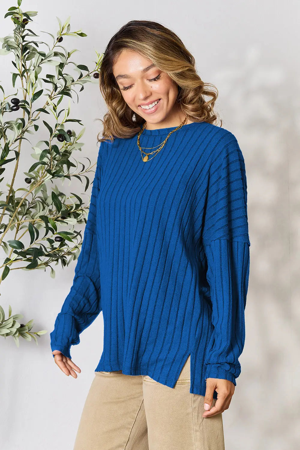 Vale Delacroix — Basic Bae Full Size Ribbed Round Neck Slit Knit Top, alternate view 2
