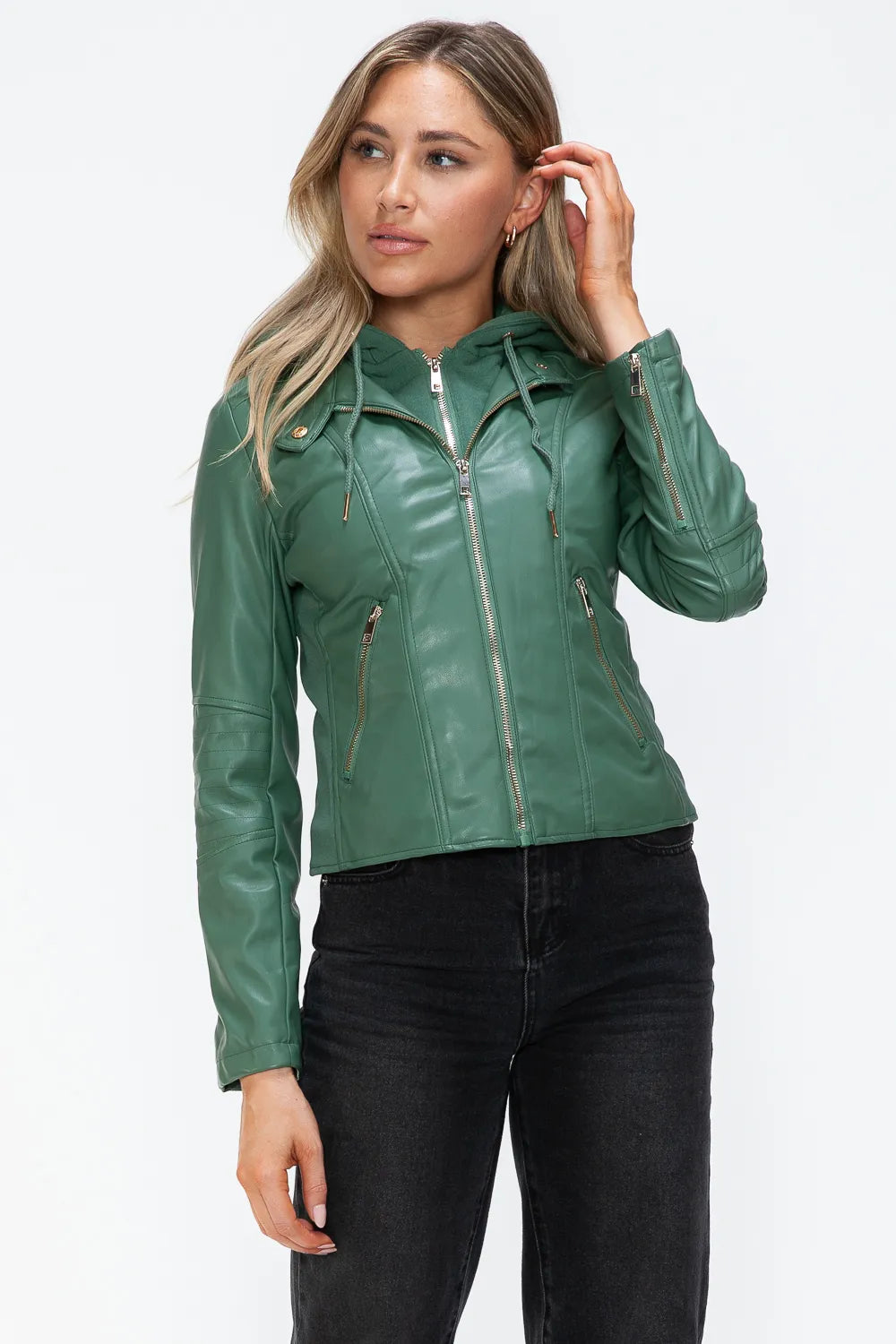 Winter Rosetti — Snobbish Faux Leather Zip Up Drawstring Hooded Jacket, alternate view 5