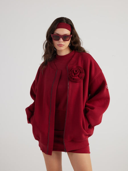 Alexa Burgundy Oversize Bomber Jacket with Removable Rose Accessory