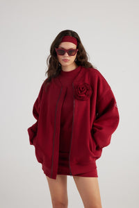 Alexa — Burgundy Oversize Bomber Jacket with Removable Rose Accessory, alternate view 5