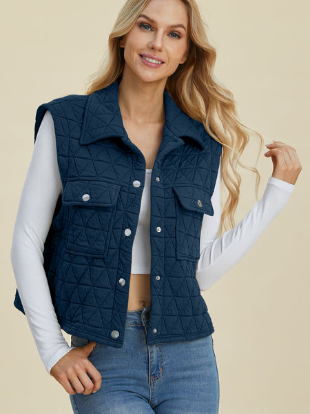 Double Take Full Size Pocketed Texture Snap Down Vest Coat