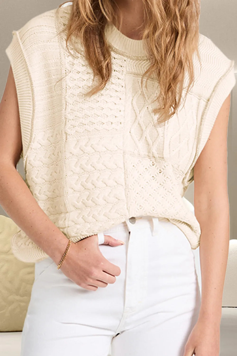 Monroe Valmont — Cable-Knit Round Neck Sweater Vest
