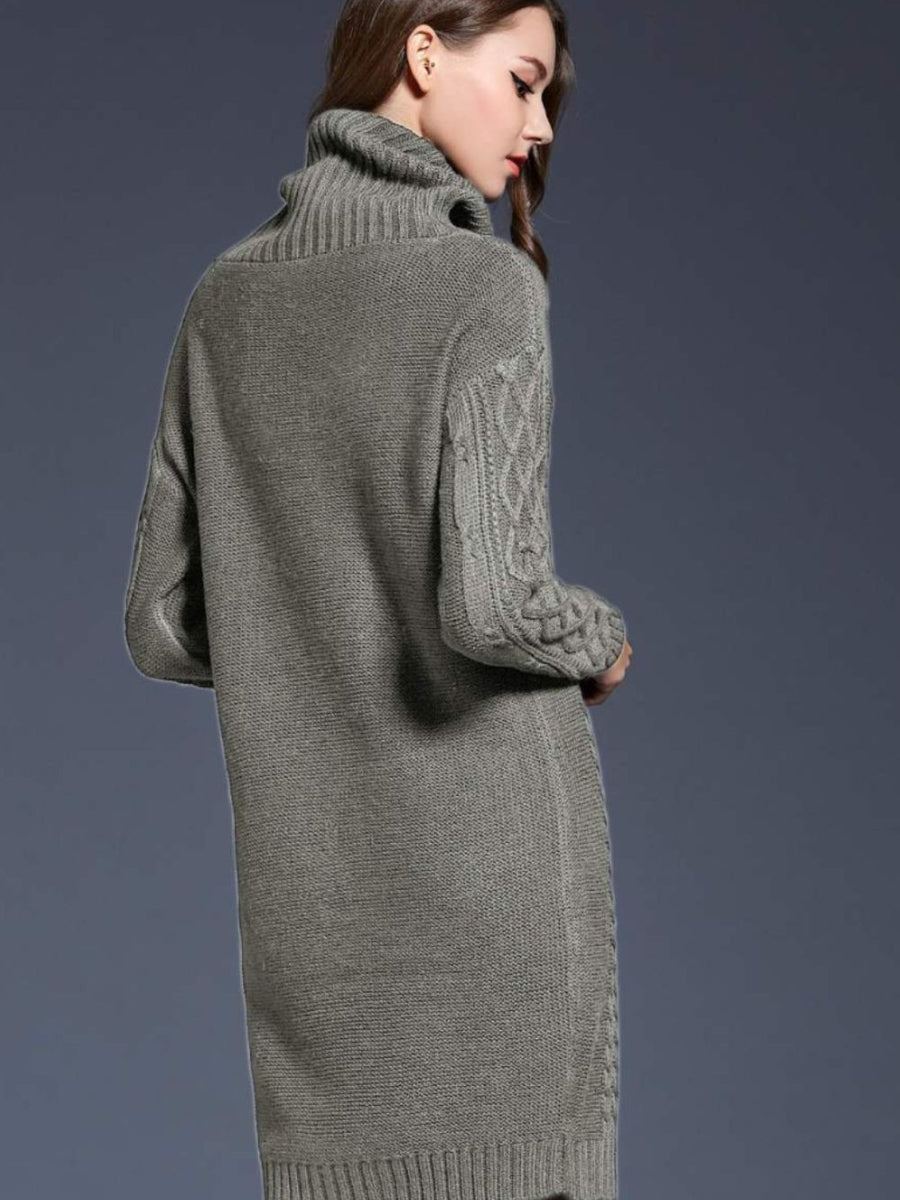 Woven Right Full Size Mixed Knit Cowl Neck Dropped Shoulder Sweater Dress