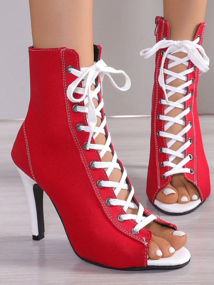 Fable Sorrento — Canvas Lace-Up Peep Toe Stiletto Ankle Boots Fashion Footwear