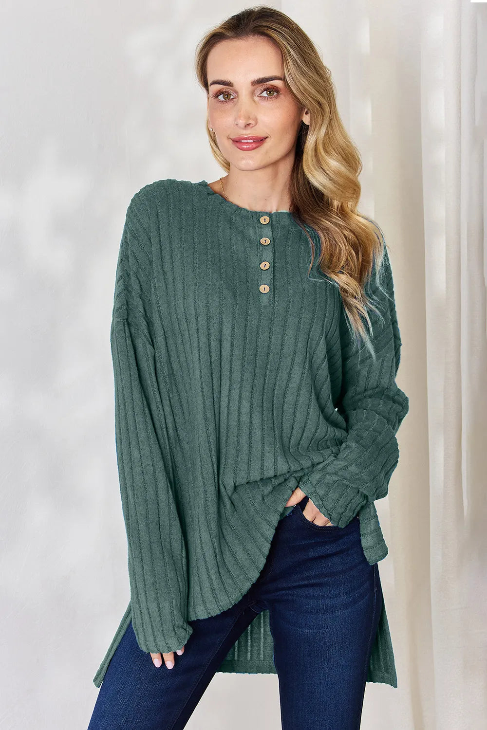 Noa Rousseau — Basic Bae Full Size Ribbed Half Button Long Sleeve High-Low T-Shirt, alternate view 8