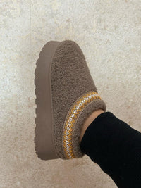 Winter Beaumont — WILD DIVA Embroidered Trim Platform Sherpa Boots Taupe Fashion Footwear