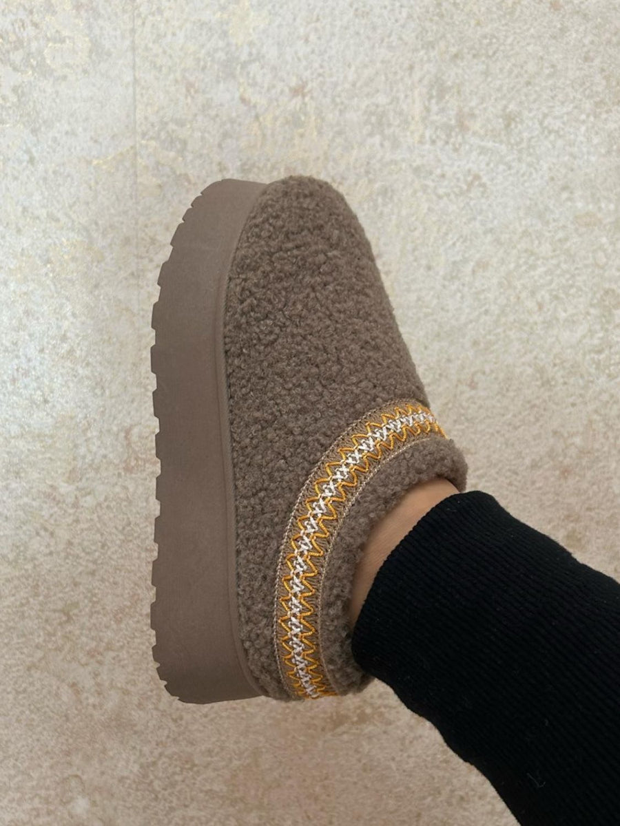 Winter Beaumont — WILD DIVA Embroidered Trim Platform Sherpa Boots Taupe Fashion Footwear