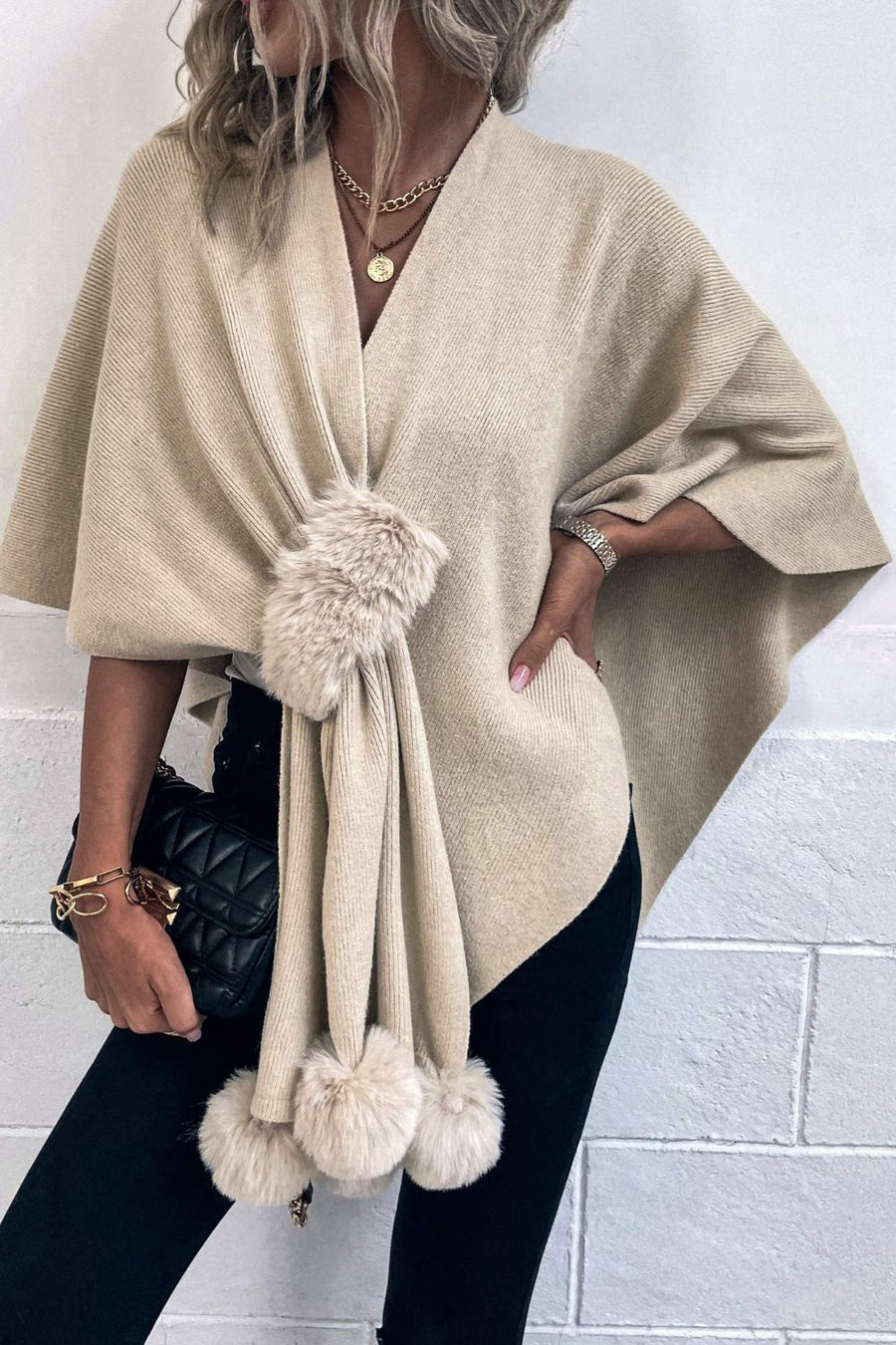 Perrin Sorrento — Surplice Neck Pom-Pom Trim Poncho