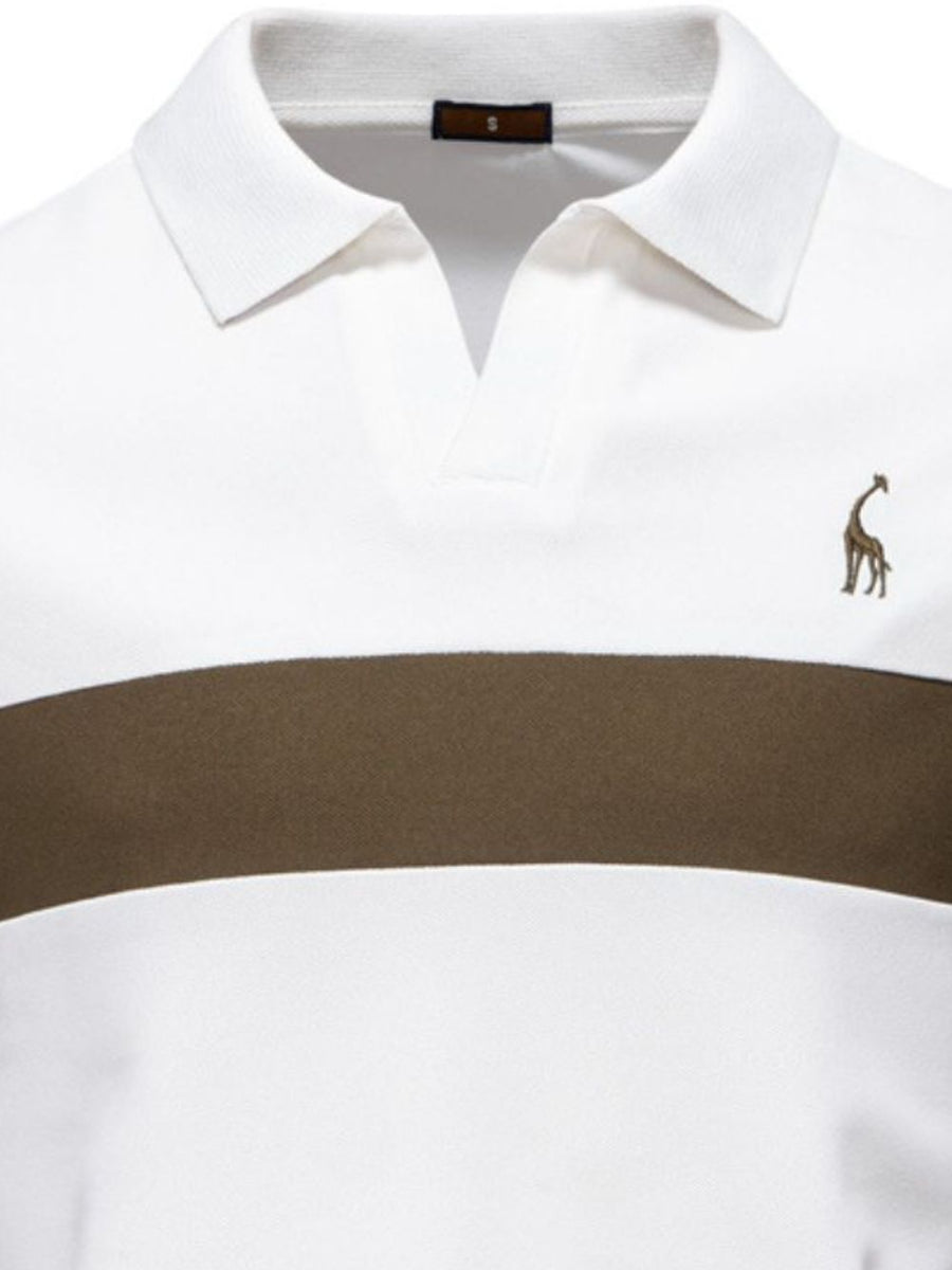Men's Giraffe Embroidered Collared Neck Contrast Polo - Opulent Empire
