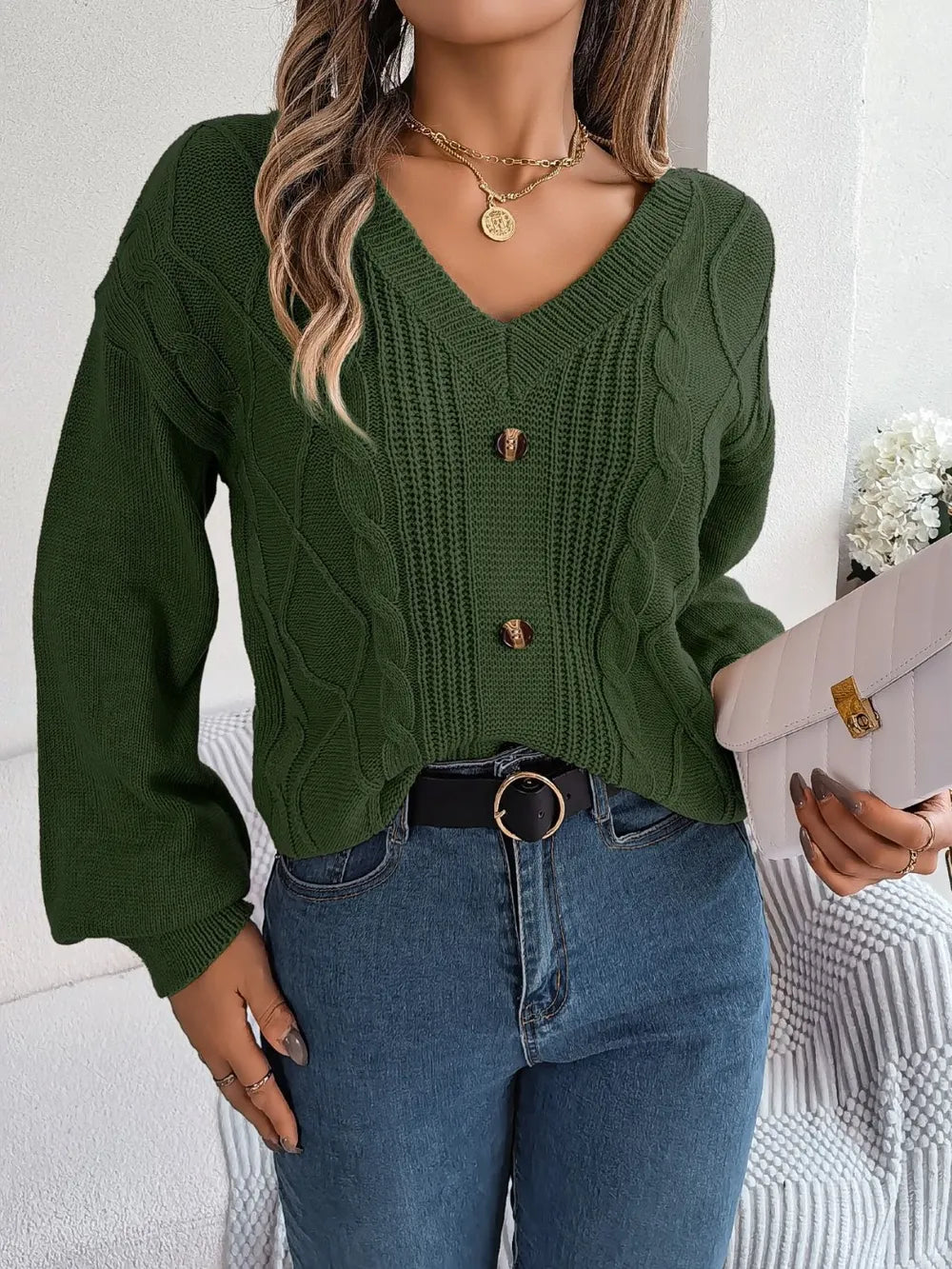 Quinn Rivière — Cable-Knit Buttoned V-Neck Sweater, alternate view 11