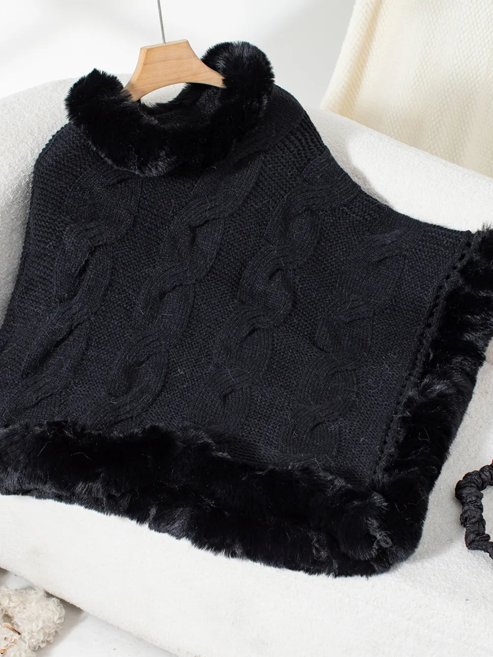Cove Versailles — Fuzzy Hem Cable-Knit Poncho, alternate view 20