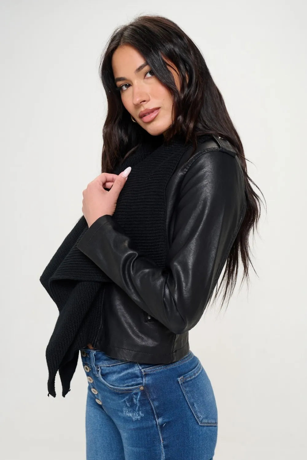 Marlowe Saint-Clair — Coalition LA Knit Collared Faux Leather Crop Jacket, alternate view 3