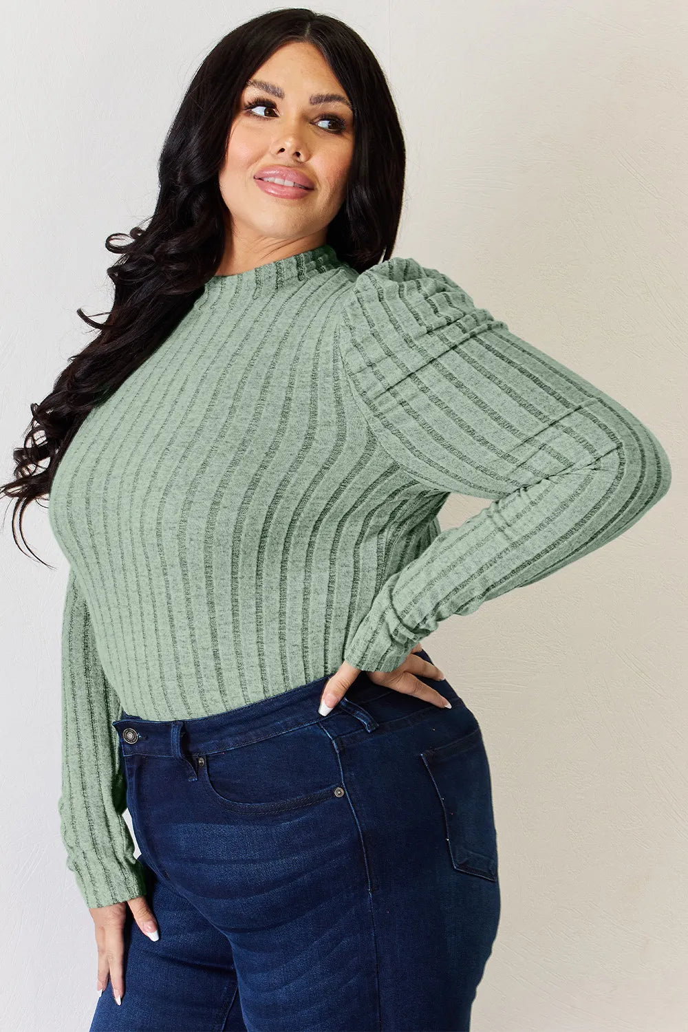 Ciel Delacroix — Basic Bae Full Size Ribbed Mock Neck Puff Sleeve T-Shirt, alternate view 20
