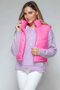 Fable Rosetti — Snobbish Zip Up Turtleneck Shiny Quilted Vest Hot Pink Sweater or Cardigan