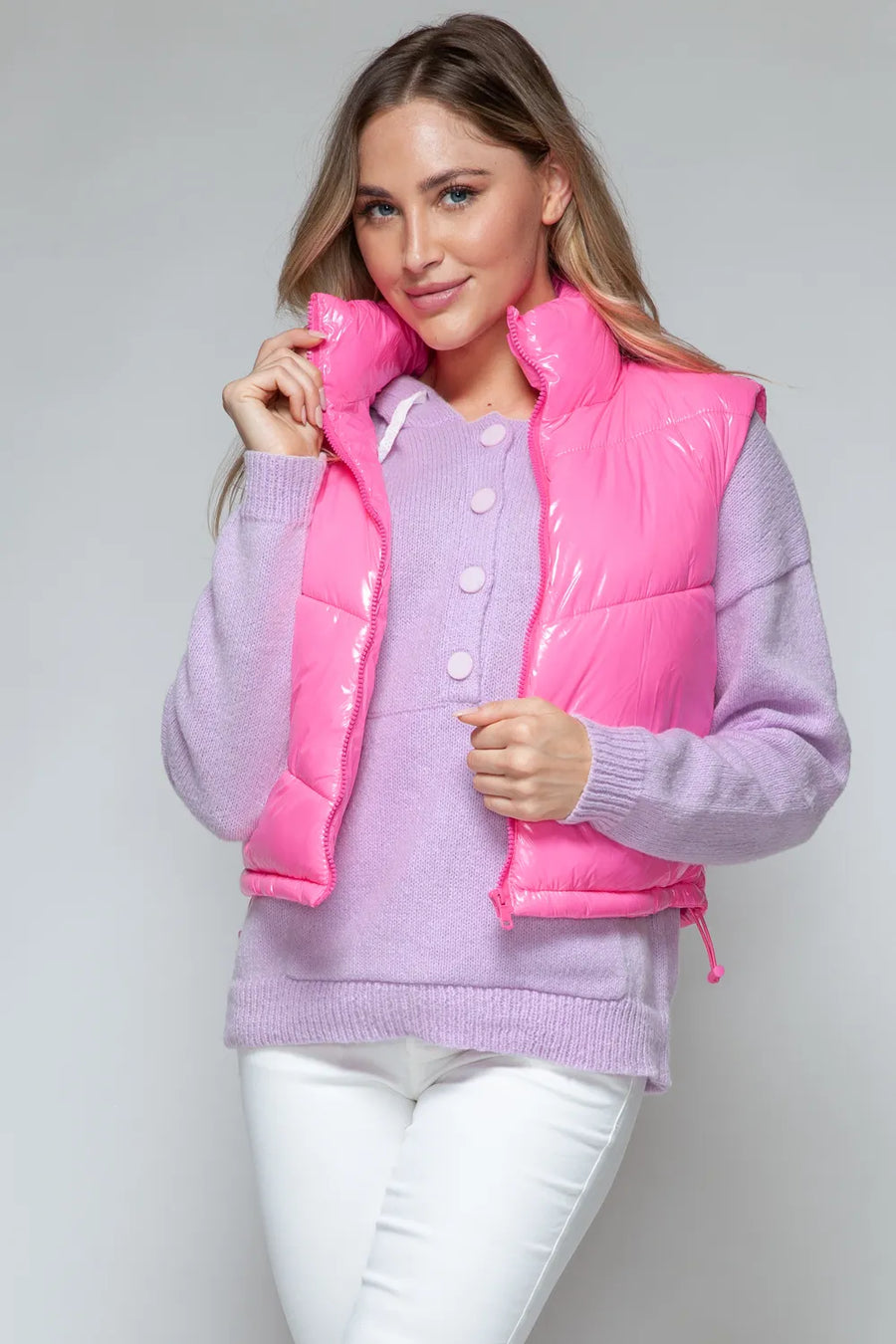 Fable Rosetti — Snobbish Zip Up Turtleneck Shiny Quilted Vest Hot Pink Sweater or Cardigan