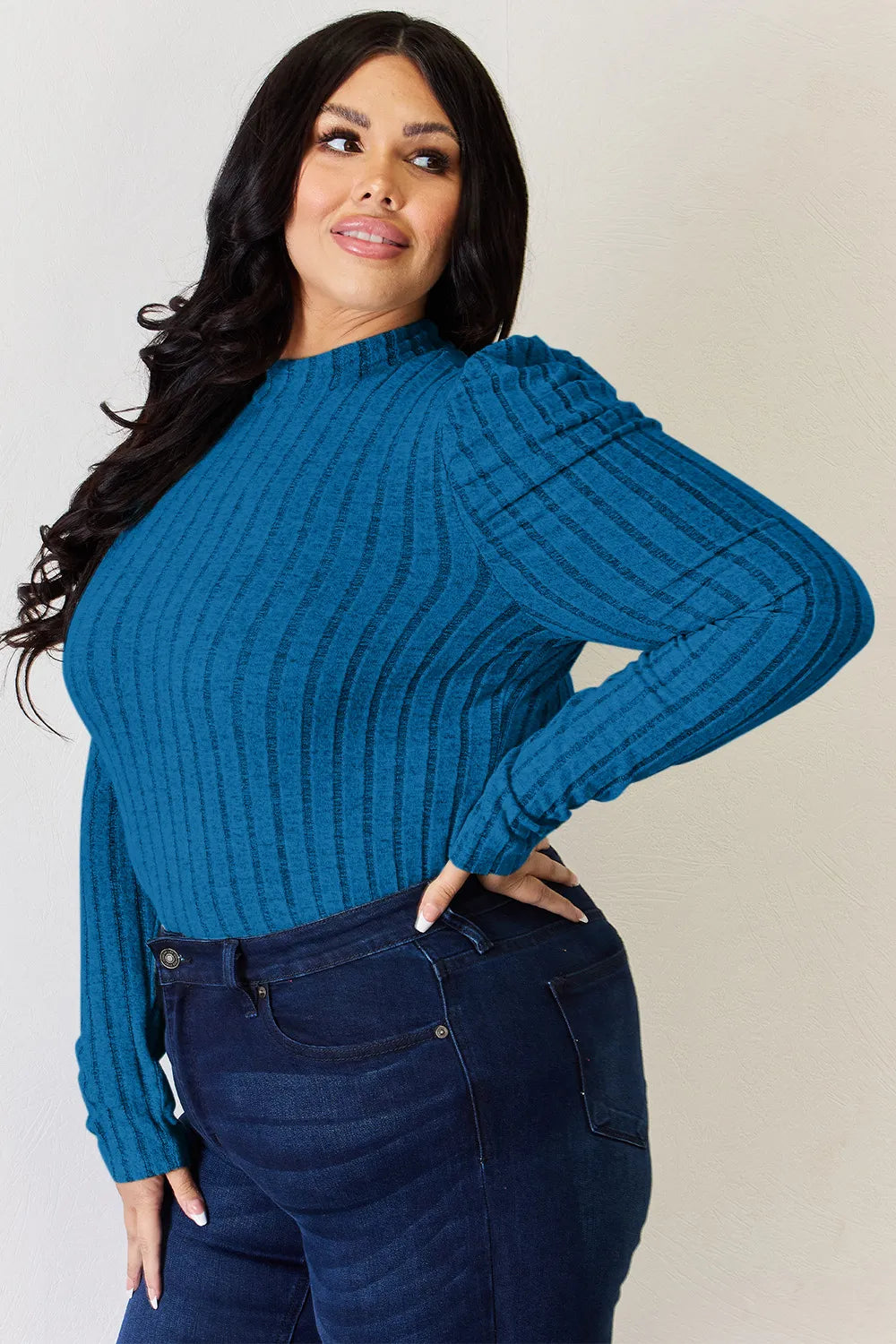 Ciel Delacroix — Basic Bae Full Size Ribbed Mock Neck Puff Sleeve T-Shirt, alternate view 13