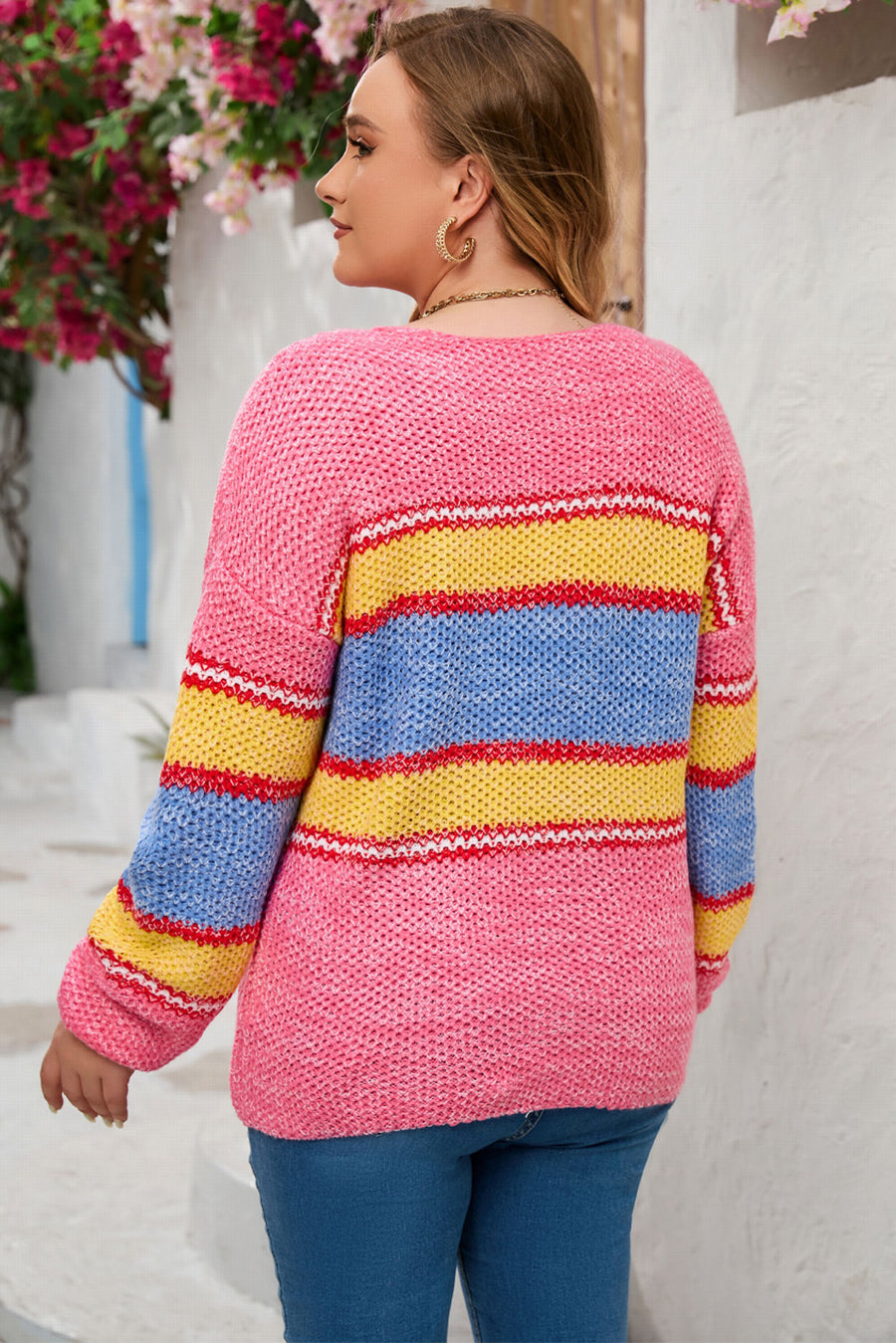 Ellis Rousseau — Plus Size Color Block Round Neck Long Sleeve Sweater, alternate view 2