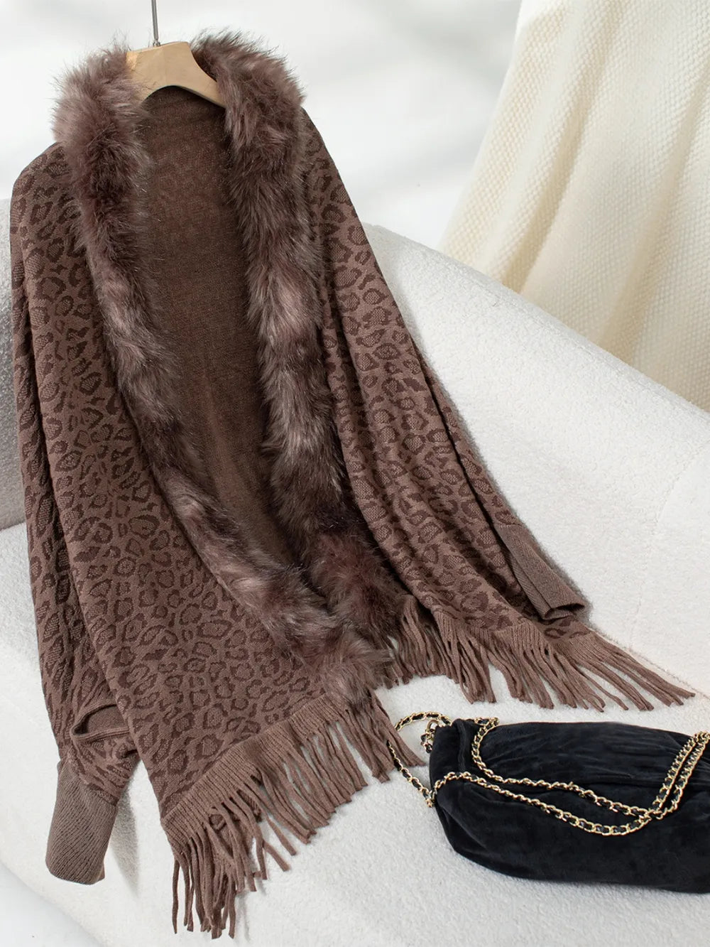 Rain Sorrento — Fringe Leopard Open Front Long Sleeve Poncho, alternate view 14